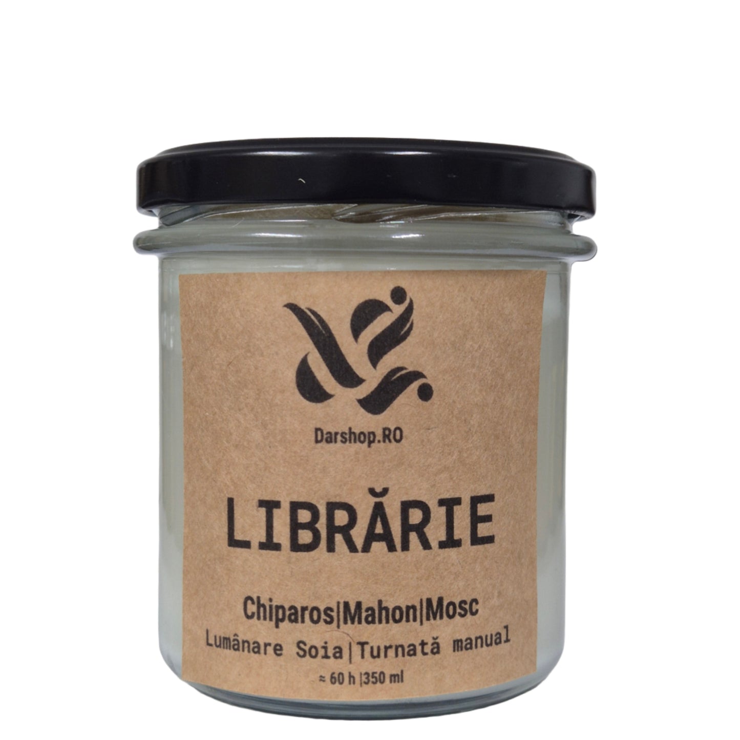 Lumânare naturală din ceară de soia Librărie, cu aromă caldă și relaxantă, perfectă pentru serile cozy de citit și decorul de toamnă.