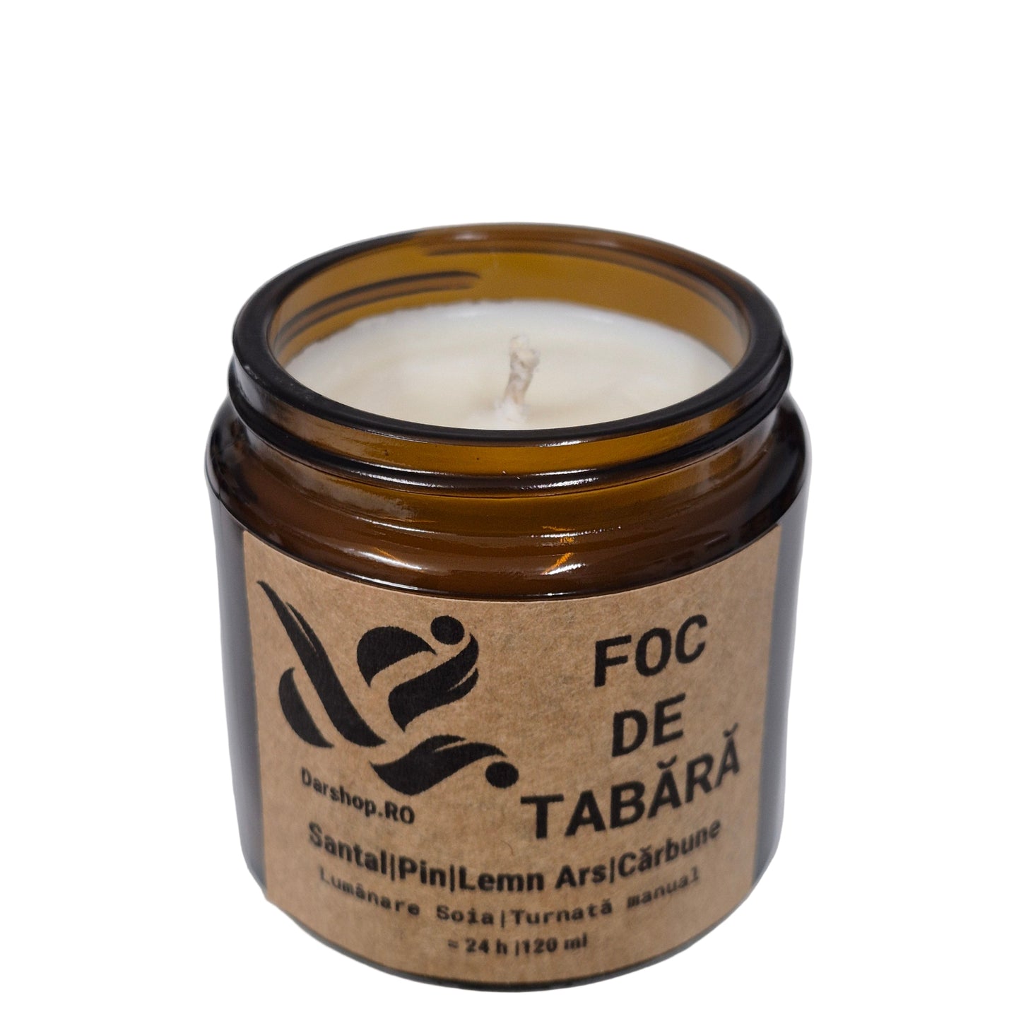 Lumânare naturală din ceară de soia Foc de tabără, cu aromă caldă și afumată, perfectă pentru serile cozy și relaxante de toamnă.