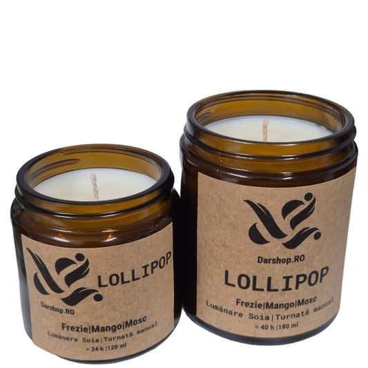 Lumânare parfumată din soia Lollipop, cu arome de mango, sorbet de zmeură, frezie și note dulci de zahăr și mosc