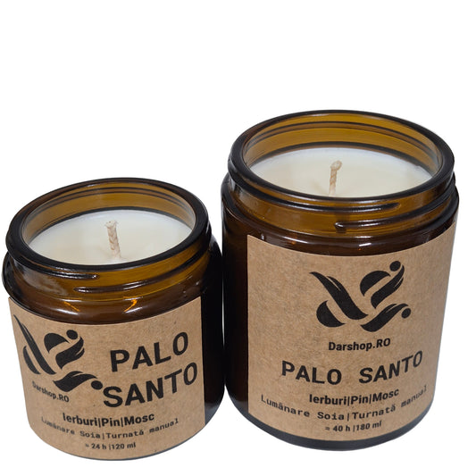 Lumânare parfumată din soia Palo Santo, cu note de ierburi aromatice, lavandă, rozmarin și mosc, pentru o atmosferă calmă și purificatoare.