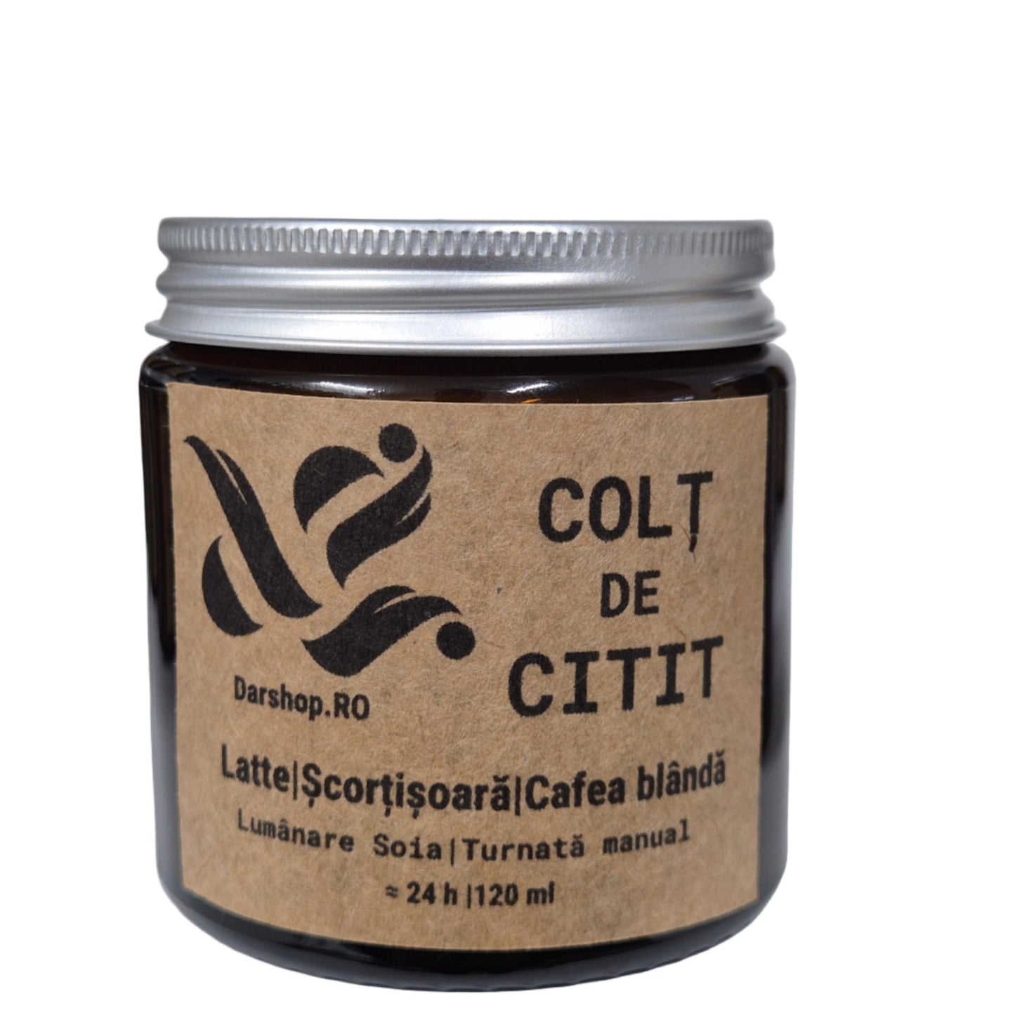 Lumânare naturală din ceară de soia Colț de Citit, cu aromă relaxantă de cafea, perfectă pentru serile liniștite cu o carte bună.