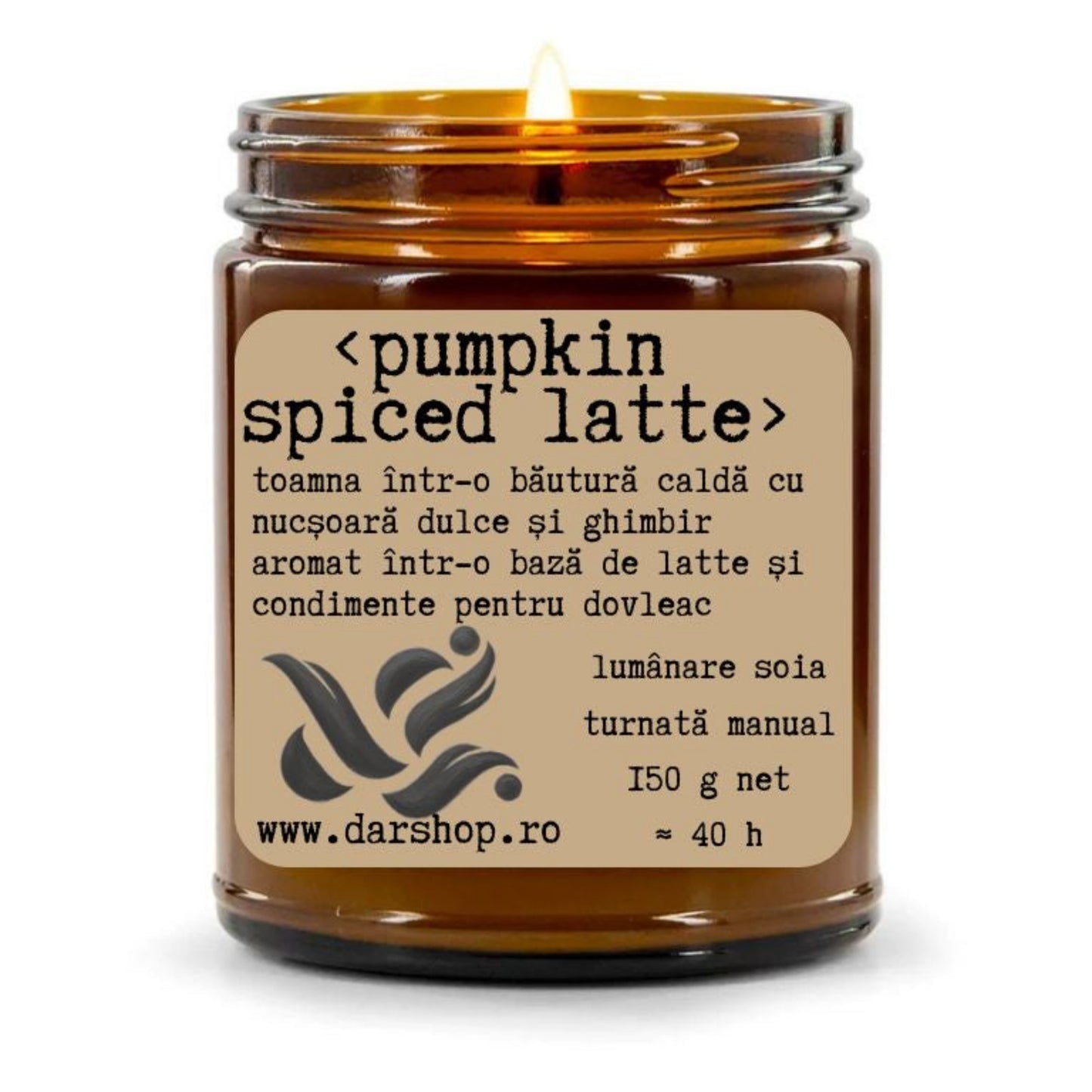 Lumânare parfumată Pumpkin Spiced Latte din ceară naturală de soia, cu note de dovleac, caramel, ghimbir, nucșoară, vanilie și lapte, turnată manual.