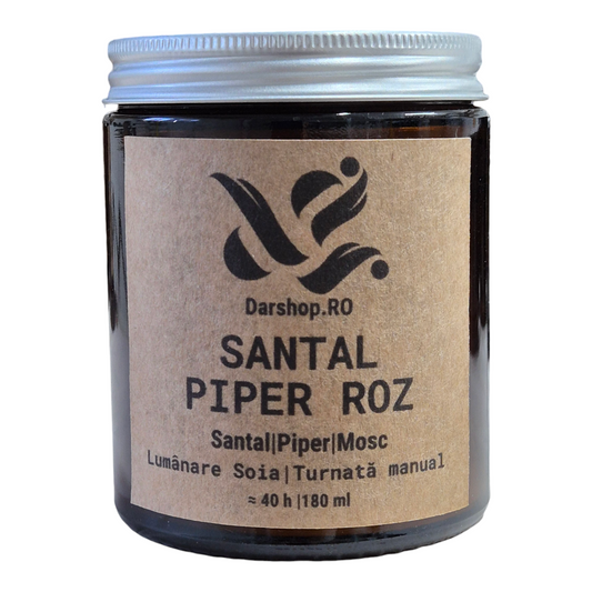 Lumânare parfumată ceară soia. Santal & Piper Roz