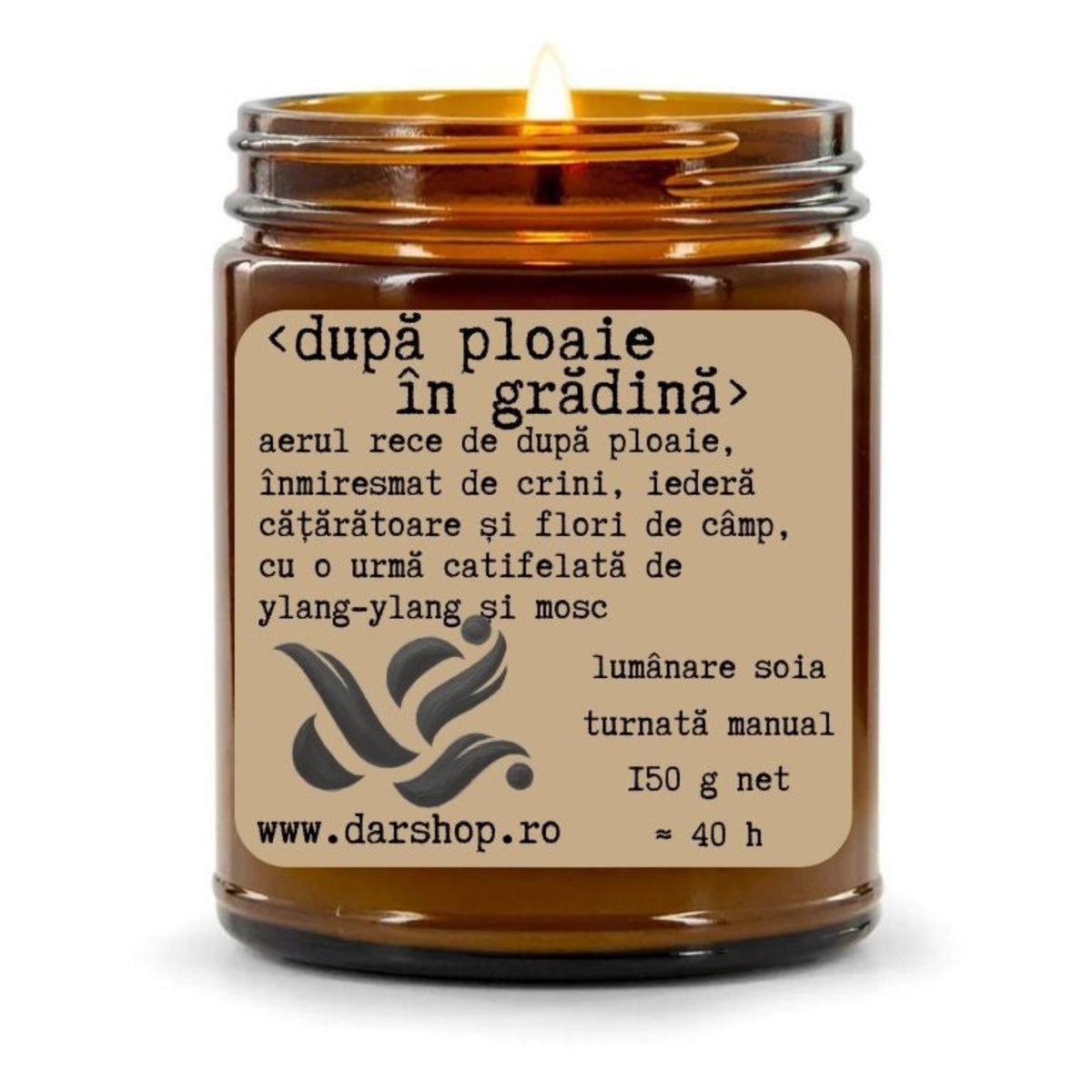 Lumânare parfumată din ceară de soia După Ploaie, cu parfum floral și verde de iederă, crin, lăcrămioare, ylang-ylang și mosc.