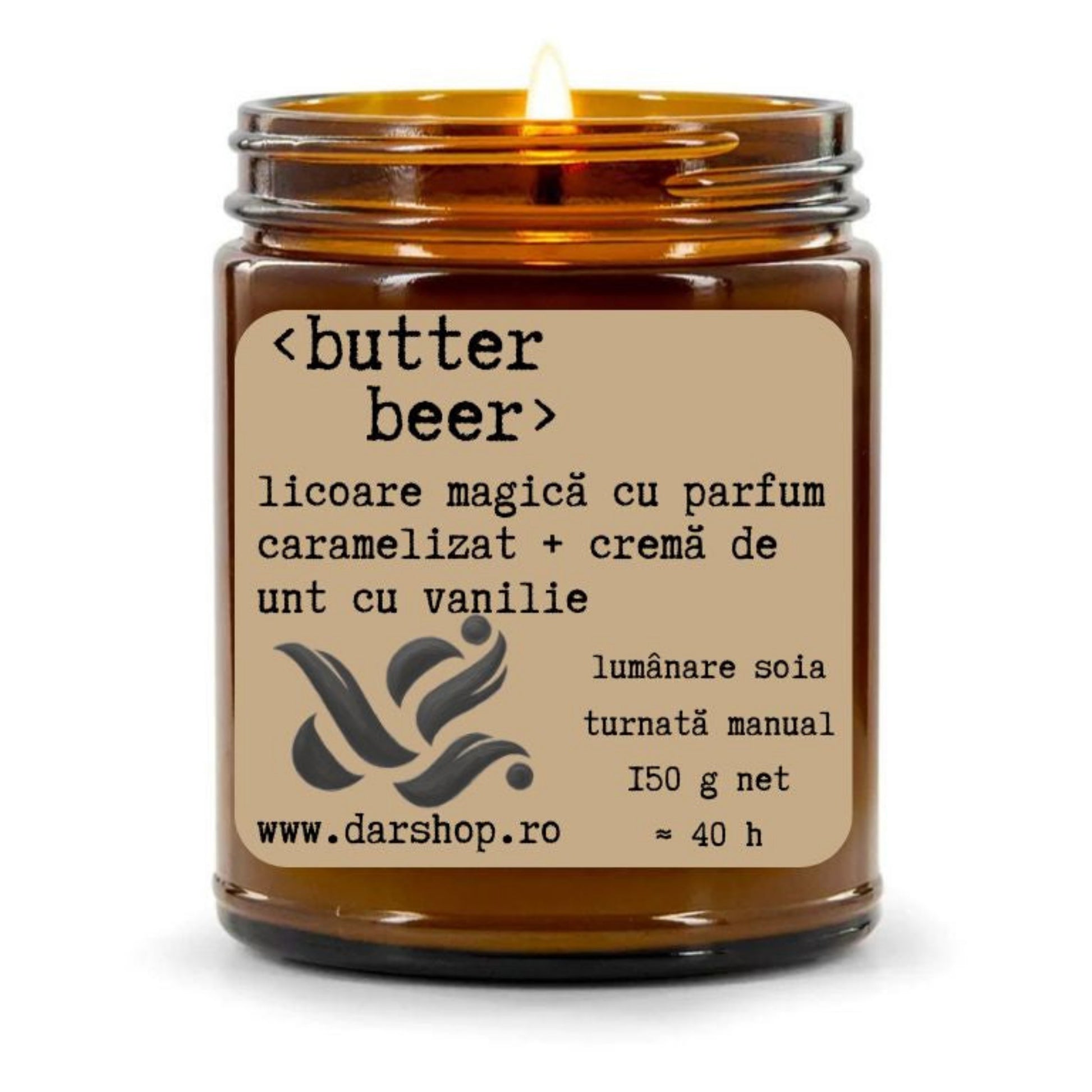 Lumânare parfumată Butter Beer din ceară naturală de soia, cu note de zahăr brun caramelizat, cremă de unt și vanilie, turnată manual.