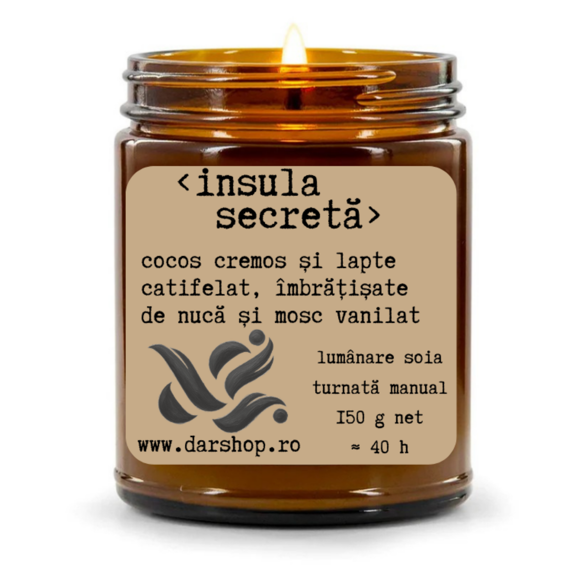 lumanare soia cu cocos cremos și lapte catifelat, îmbrățișate de nucă și mosc vanilat