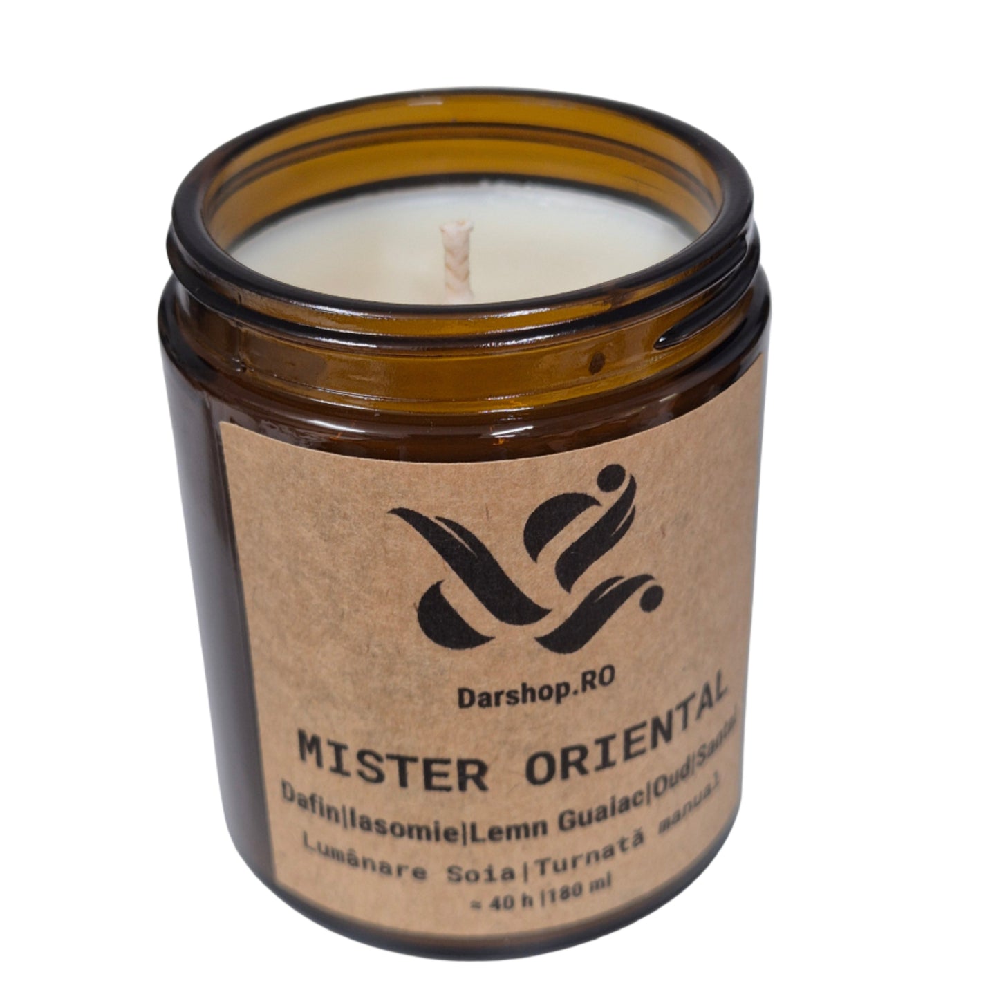Lumânare parfumată “Mister Oriental” – arome exotice de rodie neagră, iasomie și lemn de santal, în borcan ambra.
