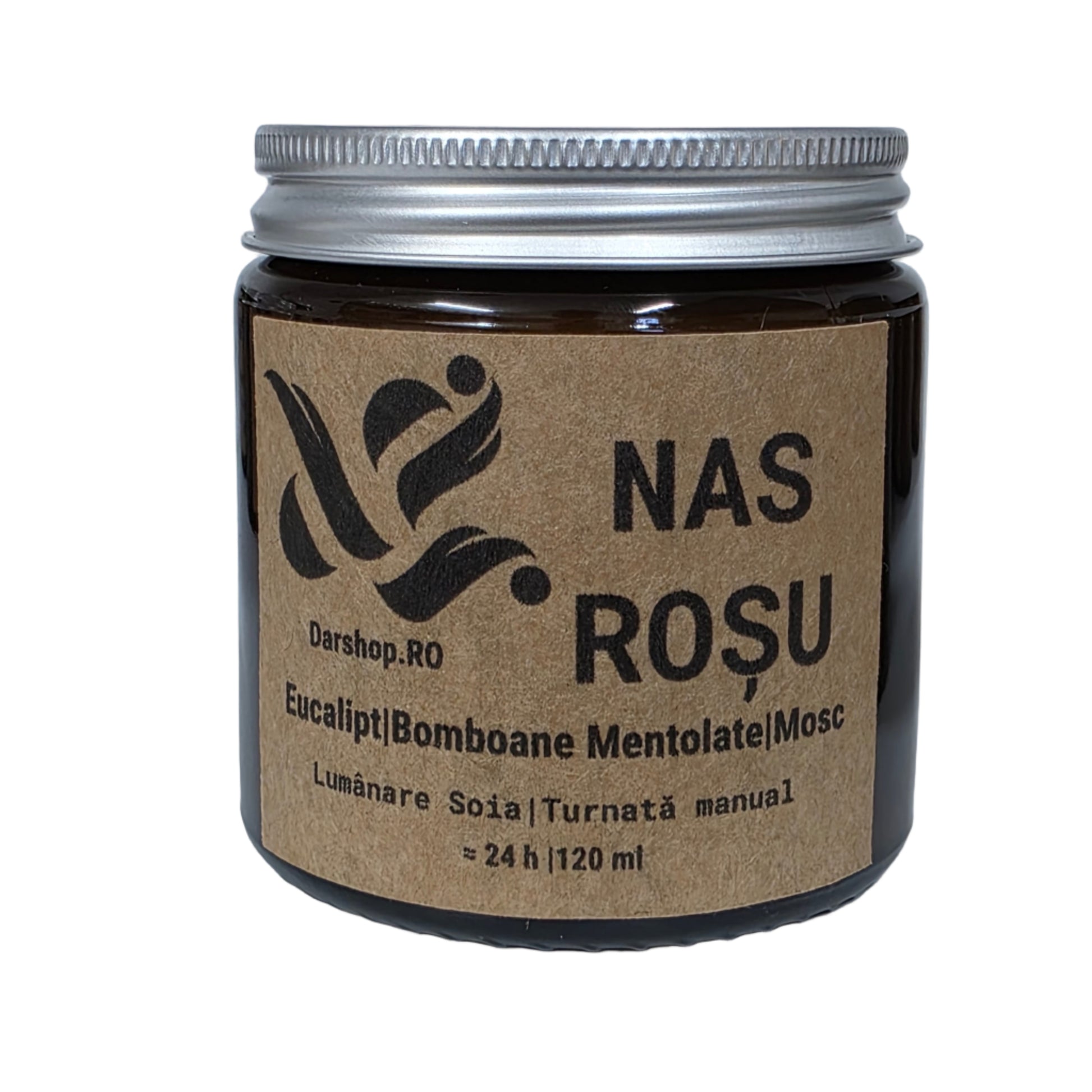 Lumânare parfumată Nas Roșu – note mentolate, eucalipt revigorant și bază caldă de mosc.