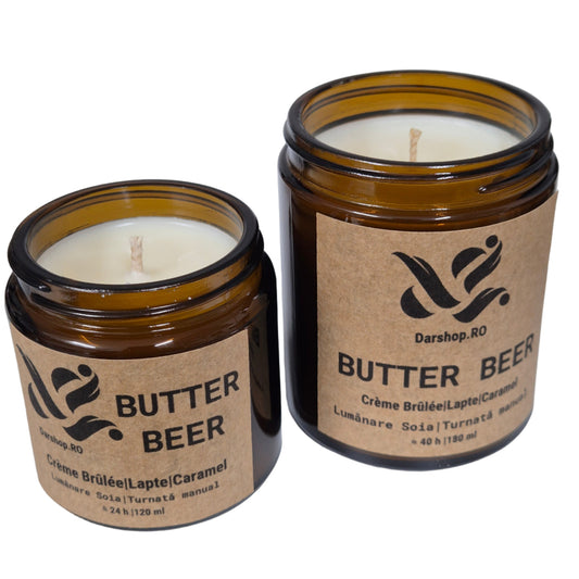 Lumânare naturală din ceară de soia Butter Beer, cu aromă dulce și intensă de caramel și vanilie, inspirată de băutura magică preferat