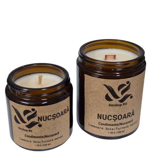 Lumânare naturală din ceară de soia cu aromă caldă de nucșoară, ideală pentru serile relaxante și decorul cozy de toamnă