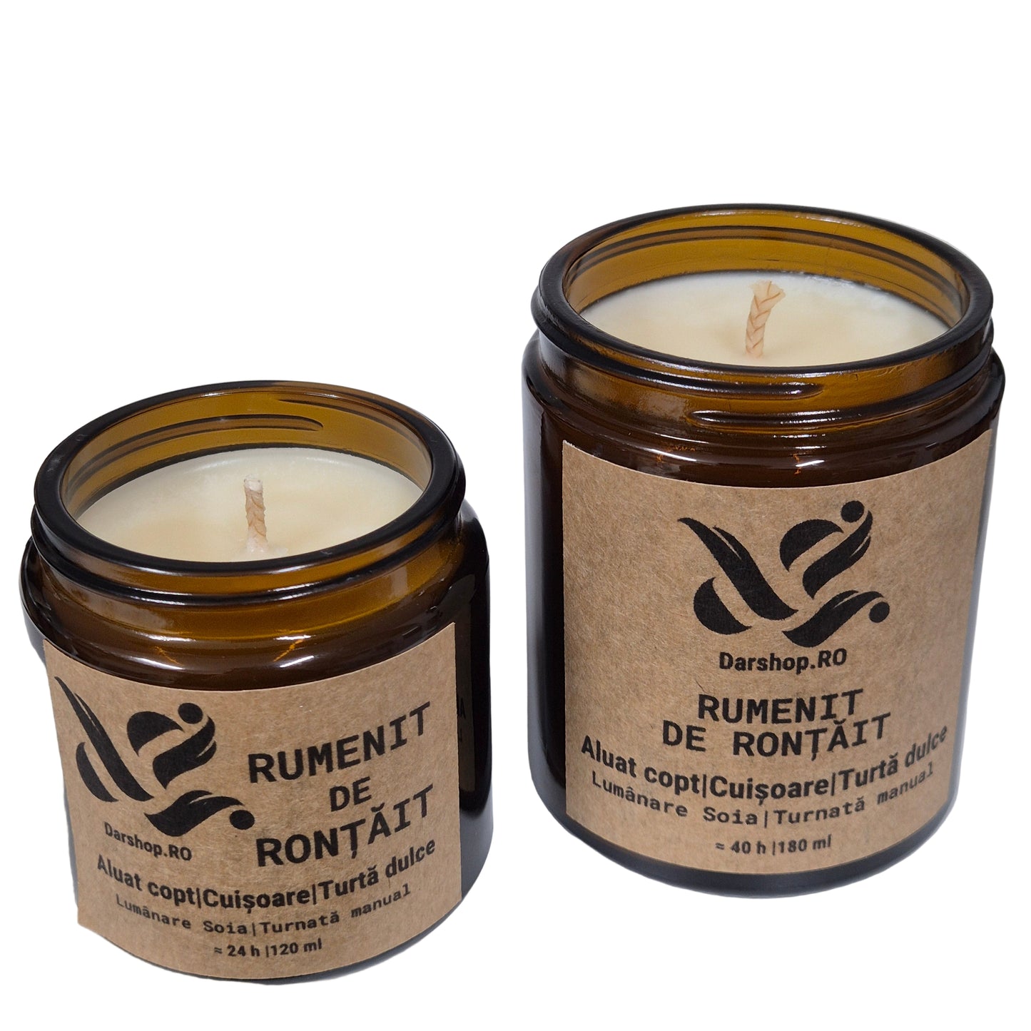 Lumânare naturală din ceară de soia Rumenit de Ronțăit, cu aromă caldă de turtă dulce ideală pentru momente cozy de toamnă.