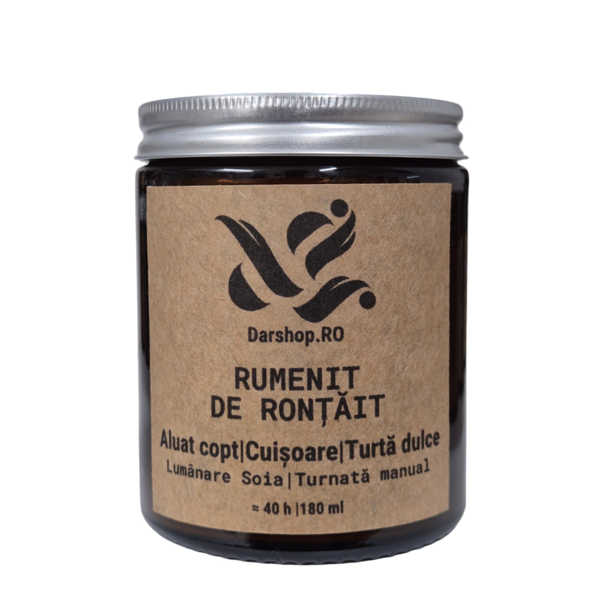 Lumânare naturală din ceară de soia Rumenit de Ronțăit, cu aromă caldă de turtă dulce ideală pentru momente cozy de toamnă.