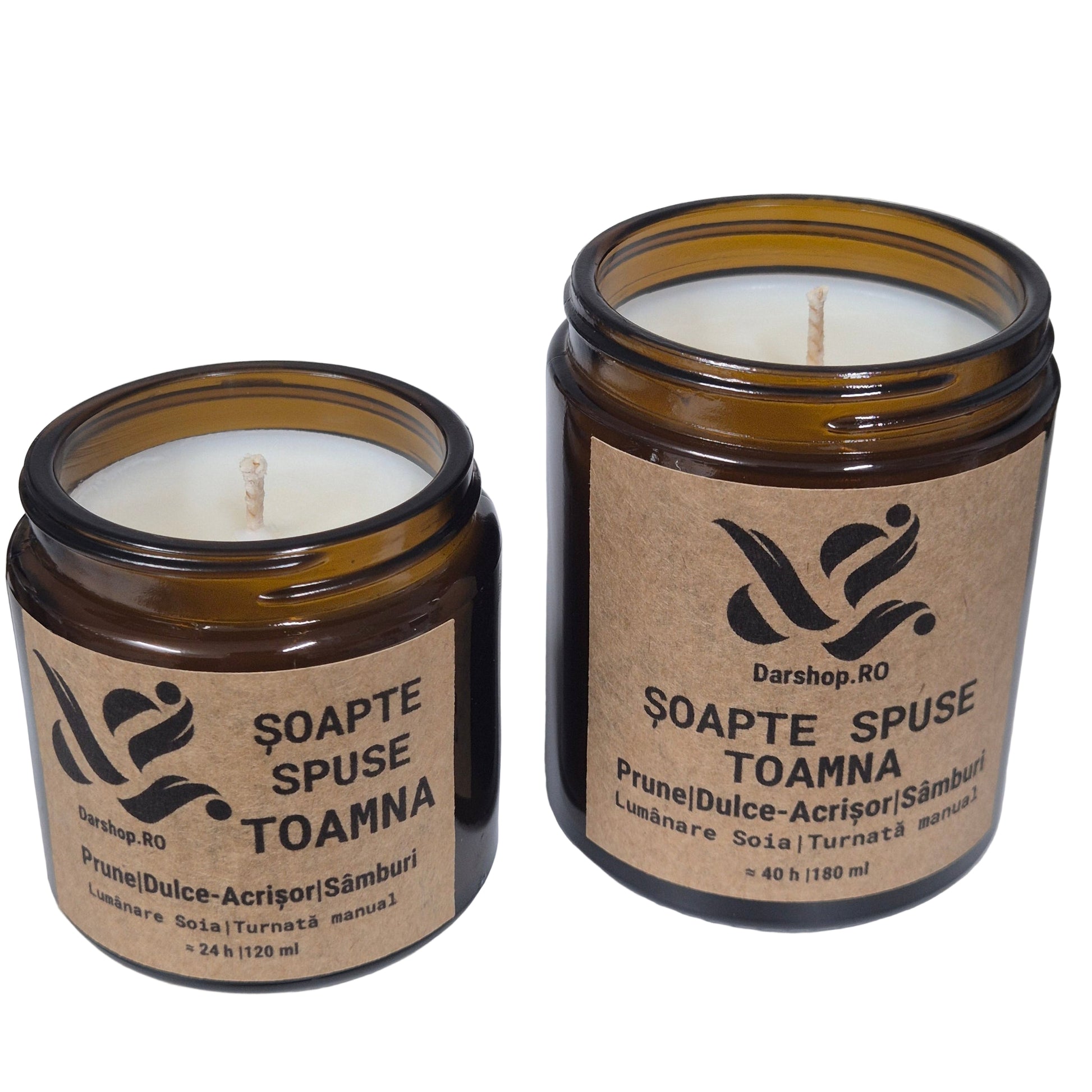 Lumânare naturală din ceară de soia Șoapte spuse toamna, cu aromă caldă de prune și sâmburi, perfectă pentru serile relaxante de toamnă.