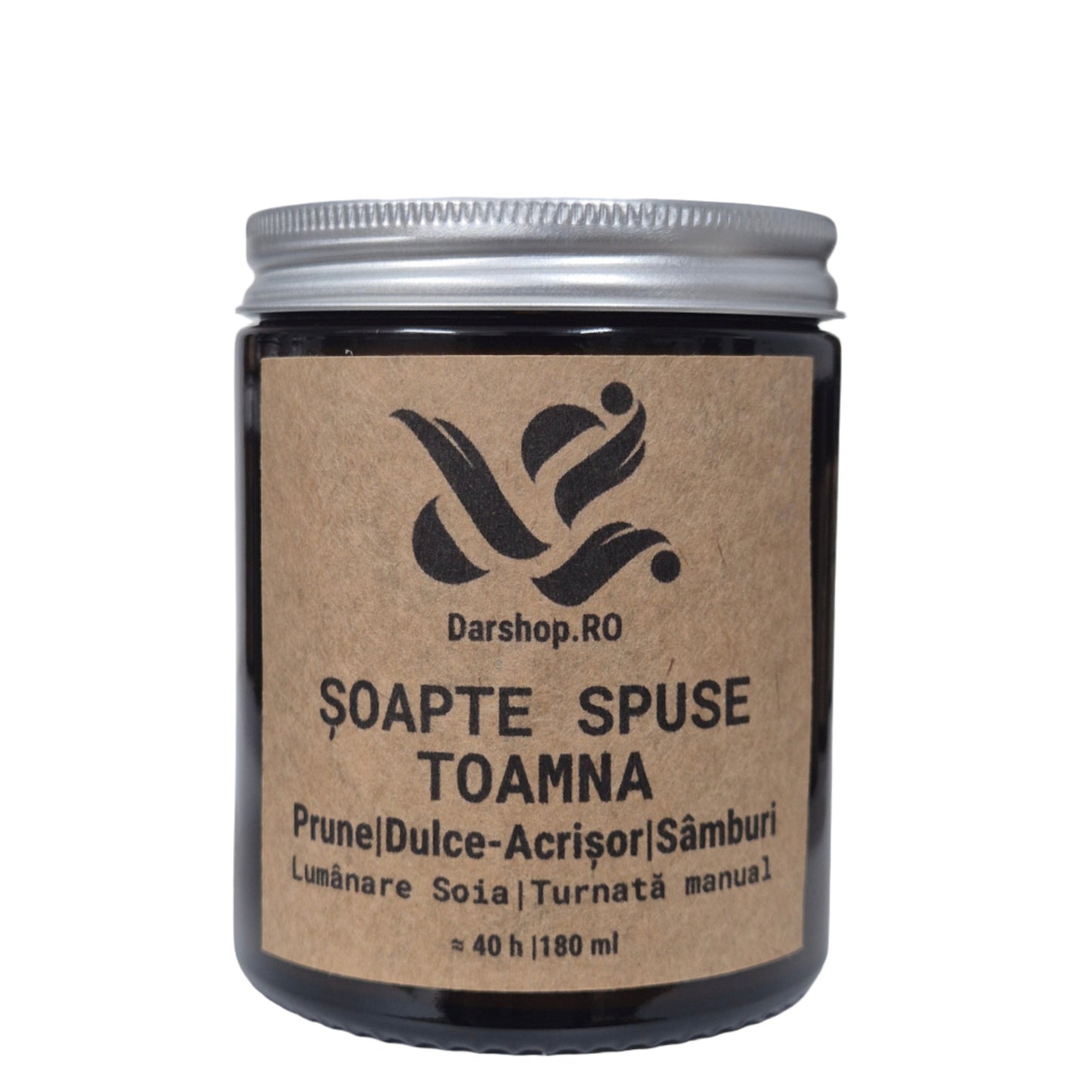 Lumânare naturală din ceară de soia Șoapte spuse toamna, cu aromă caldă de prune și sâmburi, perfectă pentru serile relaxante de toamnă.