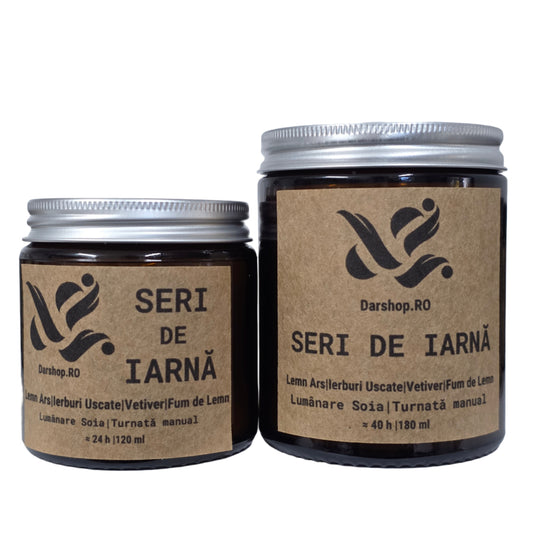 Lumânare parfumată Seri de Iarnă – aromă profundă cu accente de fum de lemn, ideală pentru o atmosferă cozy și liniștitoare