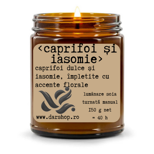 lumanare soia cu caprifoi dulce și iasomie, împletite cu accente florale