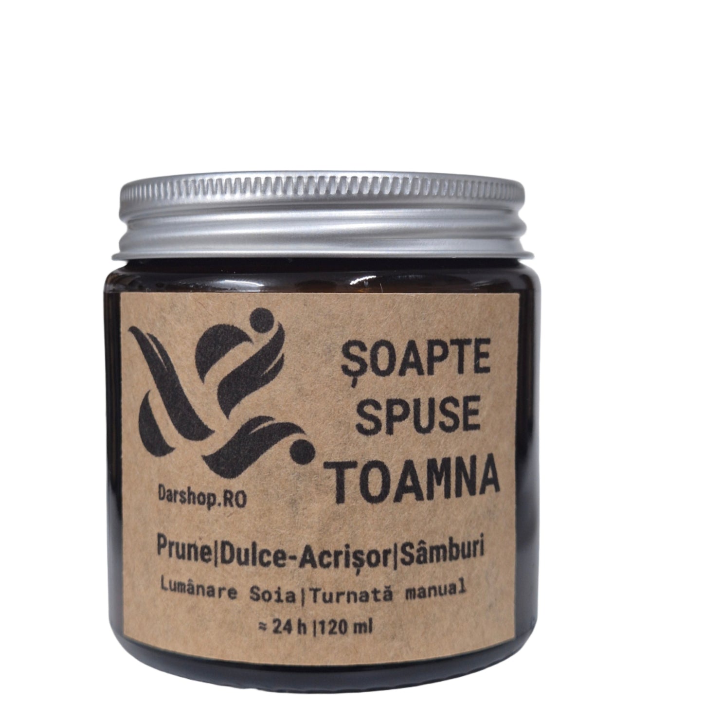 Lumânare naturală din ceară de soia Șoapte spuse toamna, cu aromă caldă de prune și sâmburi, perfectă pentru serile relaxante de toamnă.