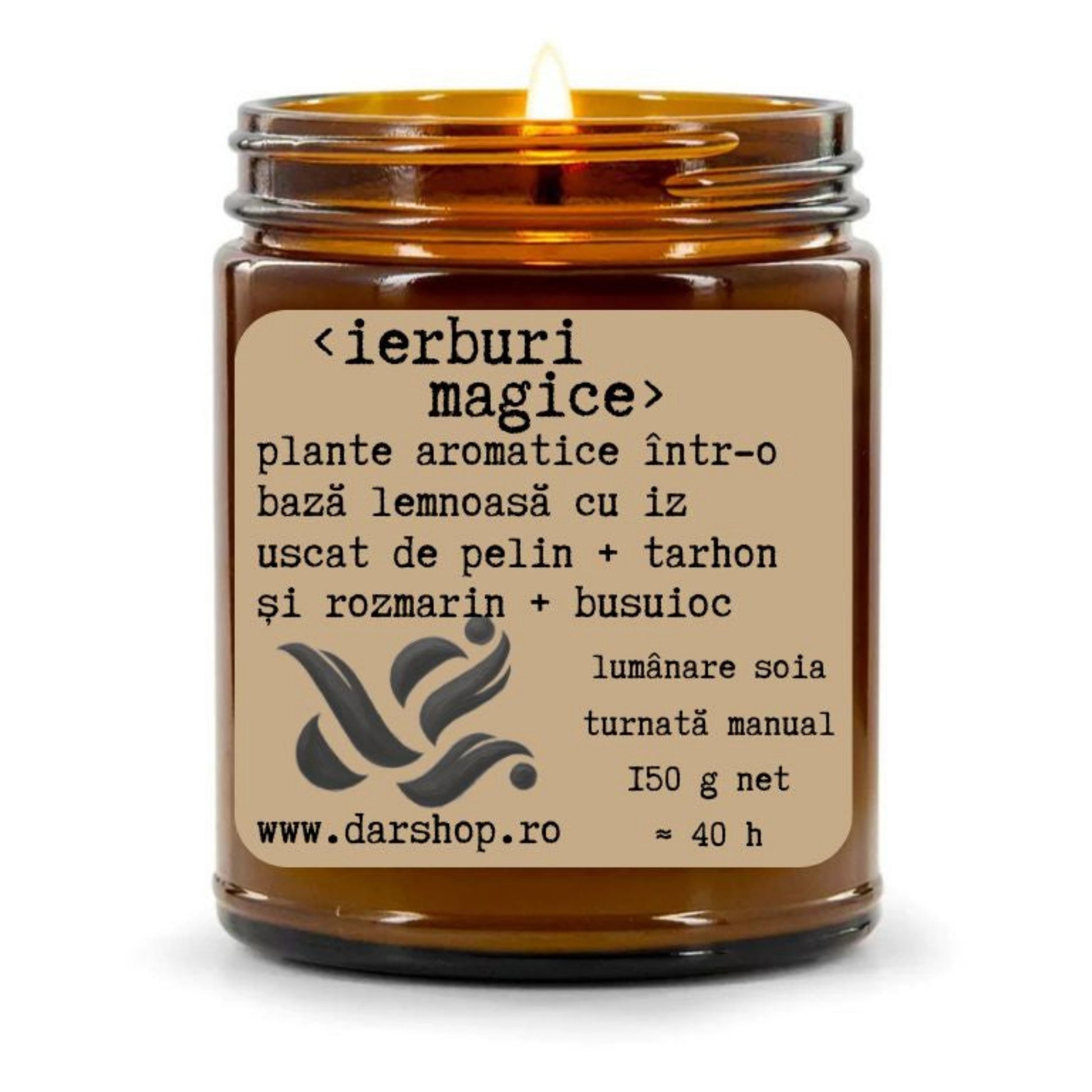 Lumânare parfumată Ierburi Magice din ceară naturală de soia, cu note de tarhon, rozmarin, citrice, lavandă, busuioc, pelin, mosc și rășini, turnată manual.