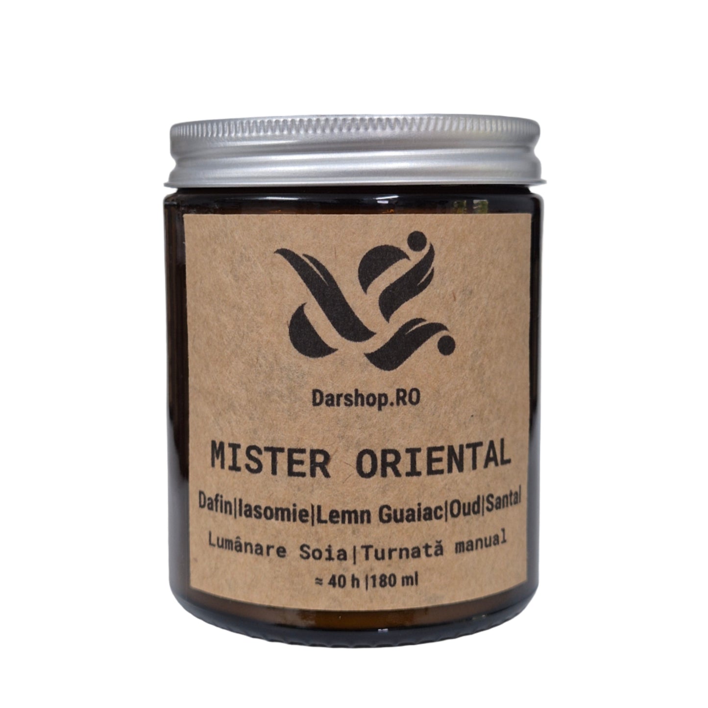 Lumânare parfumată “Mister Oriental” – arome exotice de rodie neagră, iasomie și lemn de santal, în borcan ambra.
