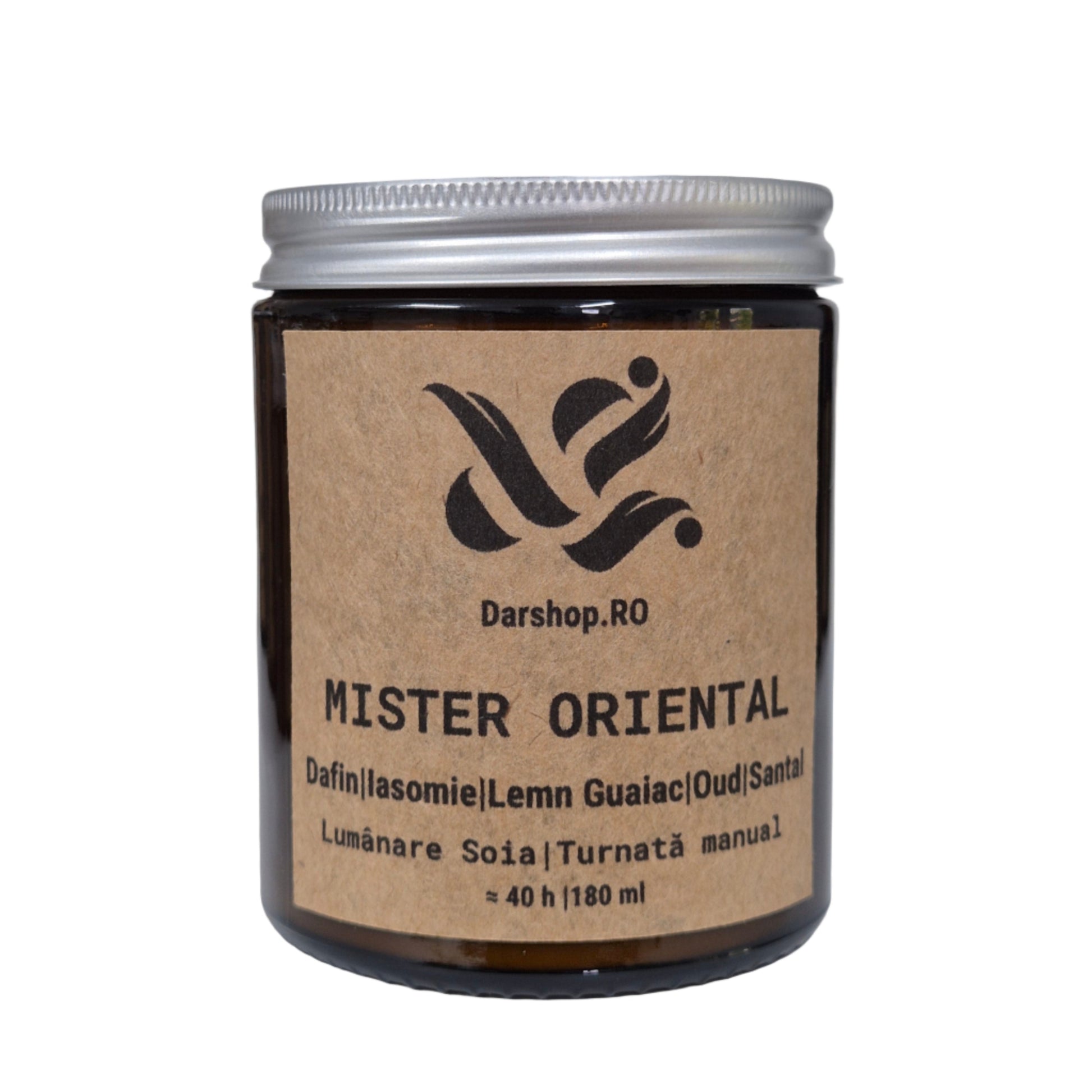 Lumânare parfumată “Mister Oriental” – arome exotice de rodie neagră, iasomie și lemn de santal, în borcan ambra.