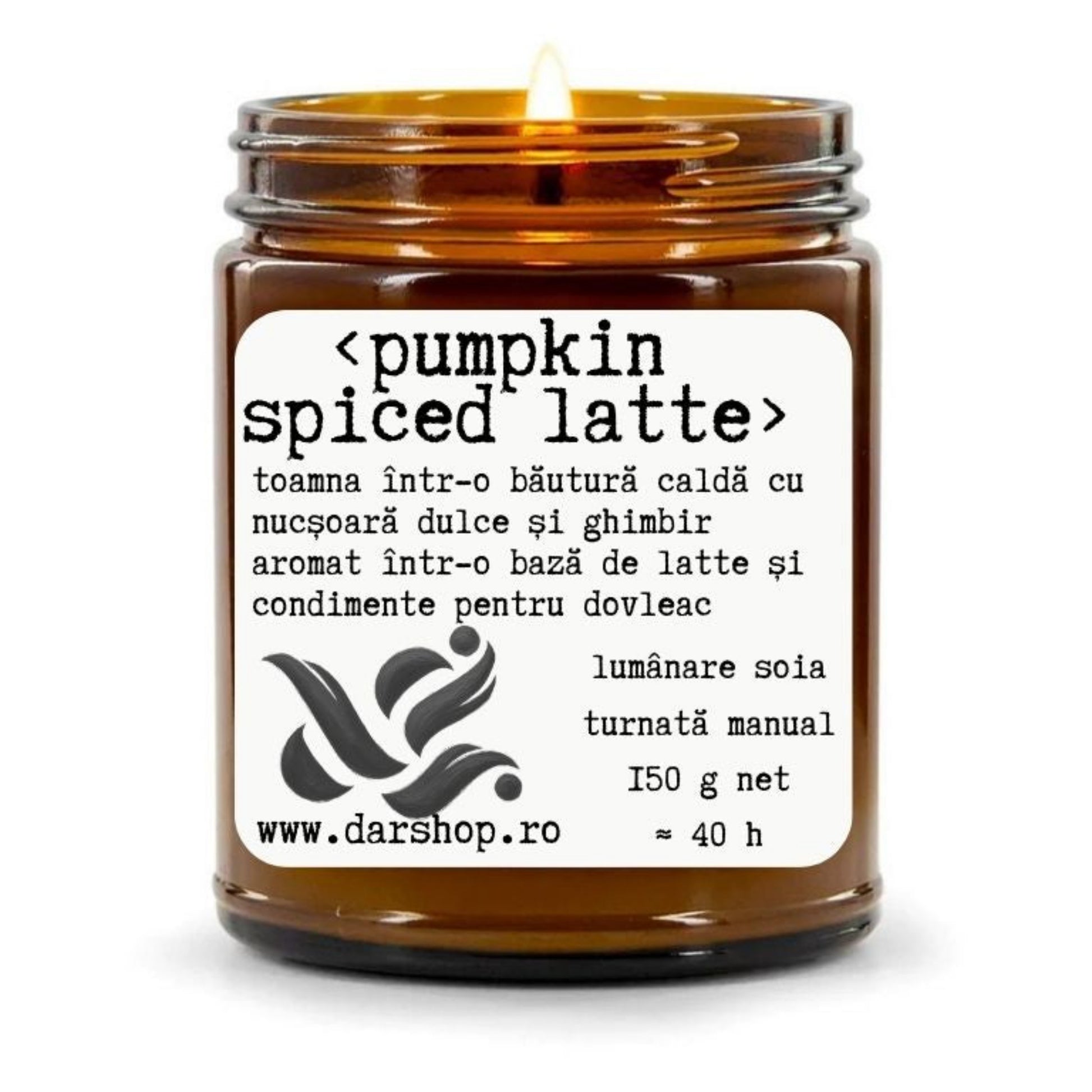 Lumânare parfumată Pumpkin Spiced Latte din ceară naturală de soia, cu note de dovleac, caramel, ghimbir, nucșoară, vanilie și lapte, turnată manual.