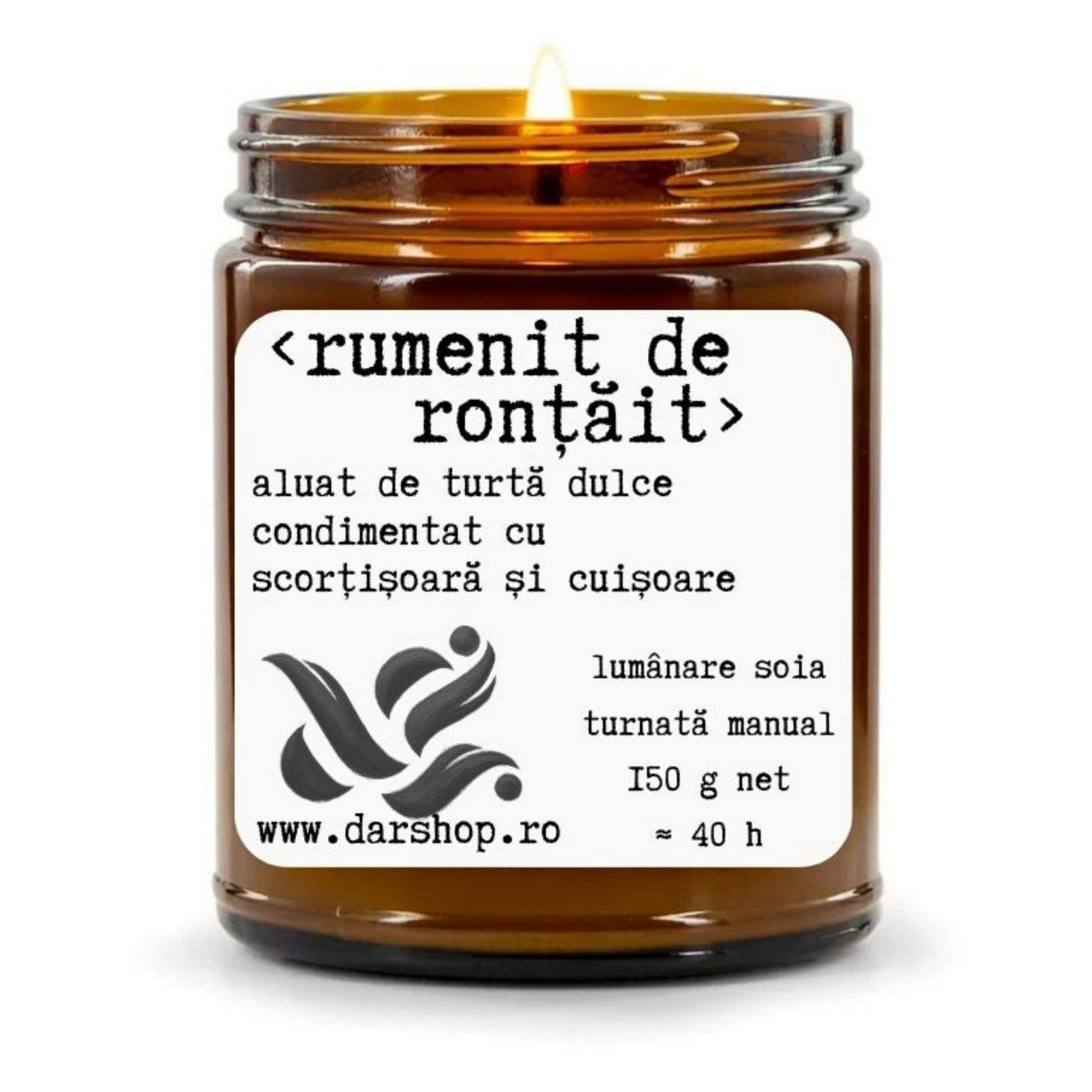 Lumânare parfumată Rumenit de Ronțăit din ceară naturală de soia, cu note de aluat copt, turtă dulce, scorțișoară și cuișoare, turnată manual.