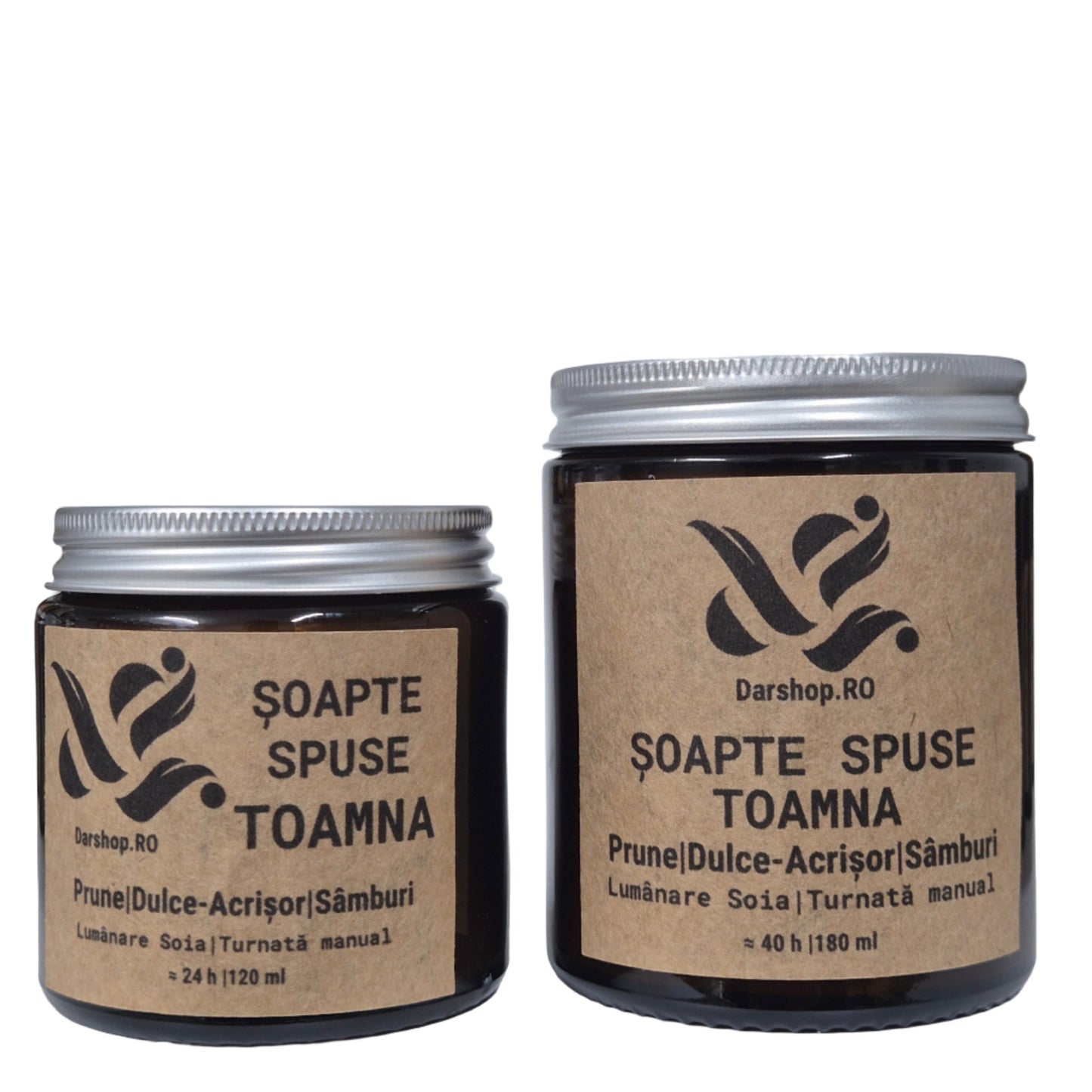 Lumânare naturală din ceară de soia Șoapte spuse toamna, cu aromă caldă de prune și sâmburi, perfectă pentru serile relaxante de toamnă.