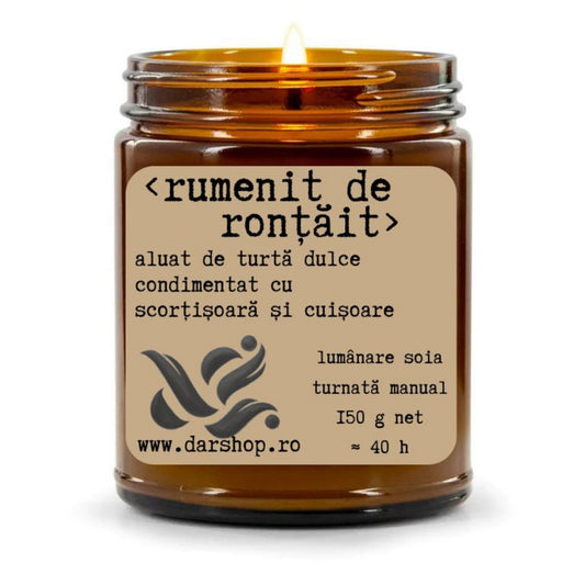 Lumânare parfumată Rumenit de Ronțăit din ceară naturală de soia, cu note de aluat copt, turtă dulce, scorțișoară și cuișoare, turnată manual.