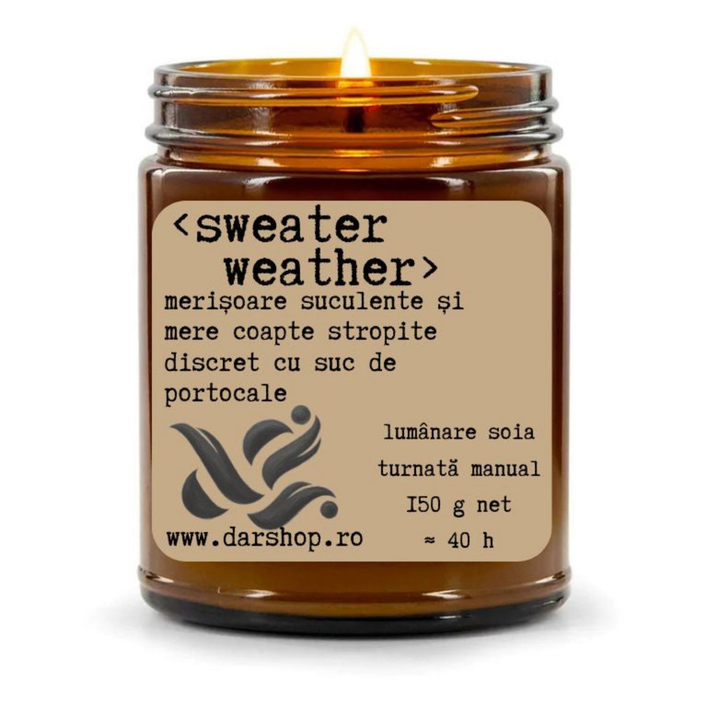 Lumânare parfumată Sweater Weather din ceară naturală de soia, cu note de merișoare, mere coapte și coajă de portocală dulce, turnată manual.