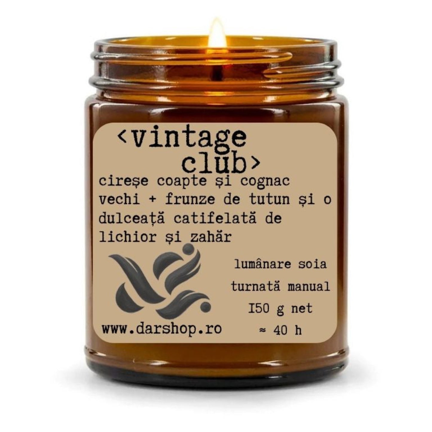 Lumânare parfumată handmade Vintage Club, cu note dulci și gurmande de cireșe, cognac vechi, frunze de tutun, lichior și zahăr.